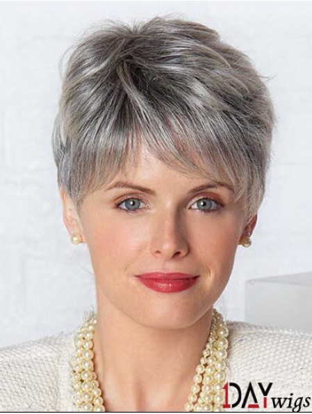 Monofilament Lace Wigs Grey Cut Straight Style Short Length