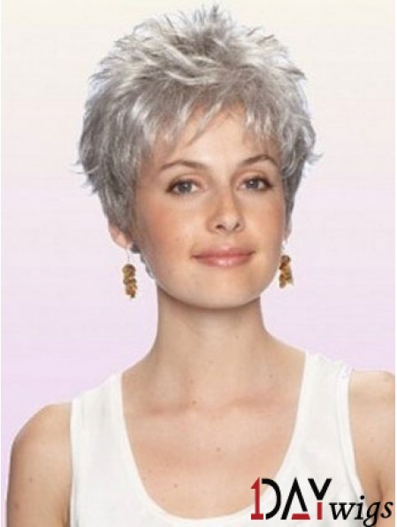 Grey Wig With Capless Cropped Length Boycuts Wavy Style