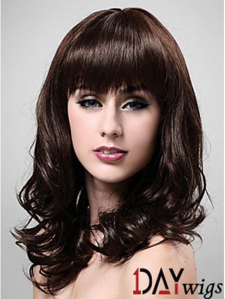 Shoulder Length With Bangs 20 inch Wavy Brown Medium Wigs