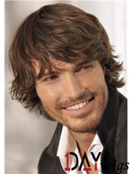 Brown Remy Real Short Wavy Monofilam Cheap Wigs For Men