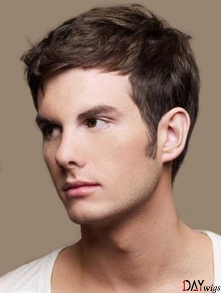 Straight Cropped Remy Real Brown Mens Real Hair Wigs