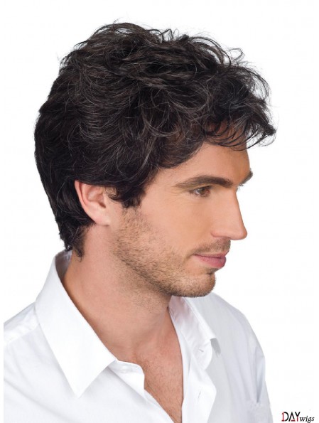 Brown Short Wavy Monofilam Remy Real Hair For Men