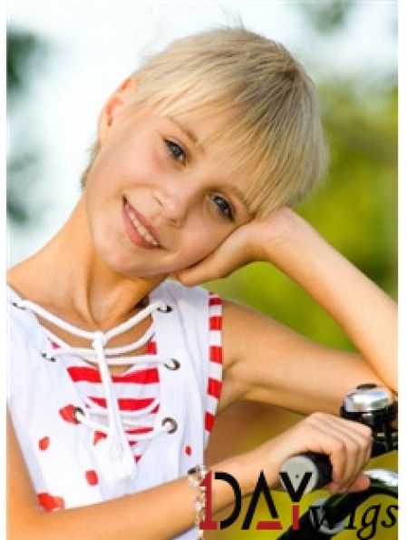 Straight Short Blonde Remy Real Hair 100% Hand-tied Kids Wigs