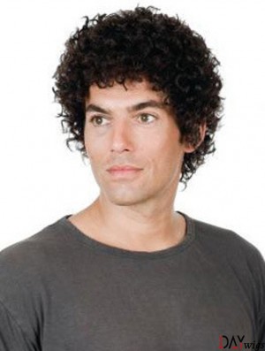 Full Lace Short Remy Real Black Straight Mens Curly Wig