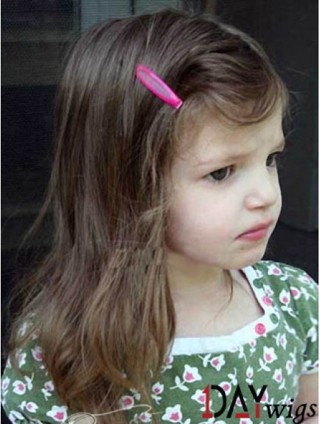 Straight Shoulder Length Brown Remy Real Hair Lace Front Kids Wigs