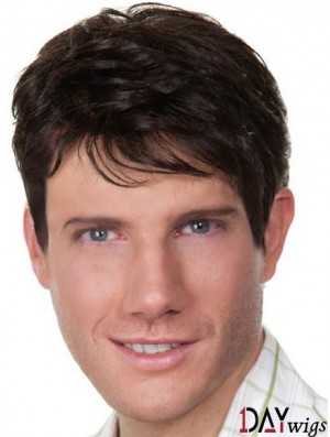 Black Short Straight Style Remy Real Hair Wigs For Men With Capless
