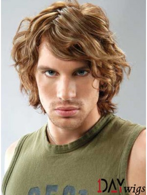 Lace Front Brown Remy Real Curly With Bangs Men's Wigs In UK