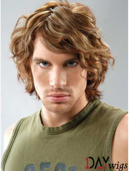 Lace Front Brown Remy Real Curly With Bangs Men's Wigs In UK