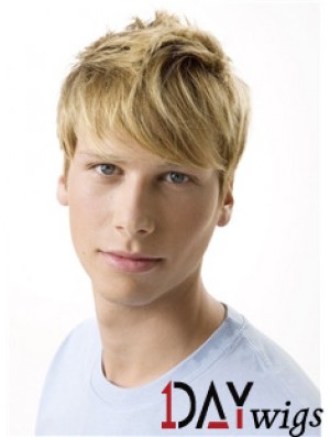 Remy Real 100% Hand Tied Short Wavy Blonde Wigs For Men