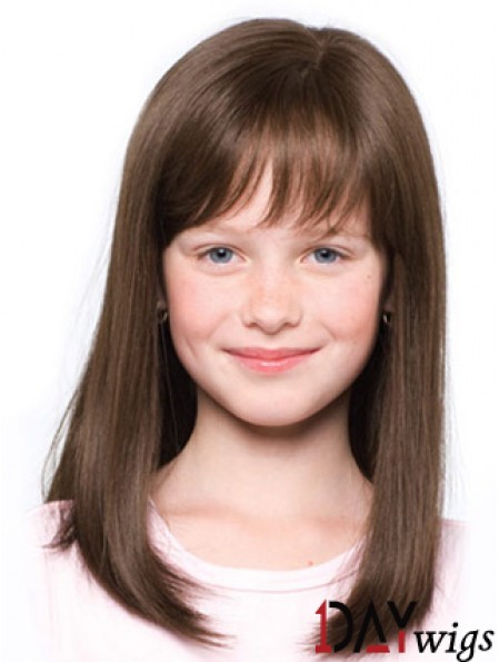 Straight Shoulder Length Brown Synthetic 100% Hand-tied Kids Wigs