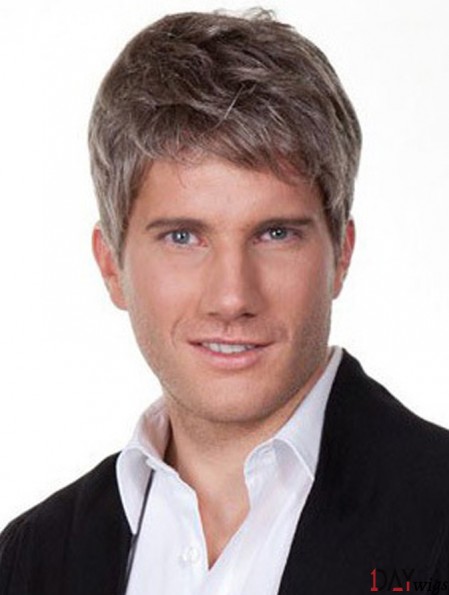 Straight Grey 100% Hand Tied Remy Real 6 inch Silk Wigs For Men