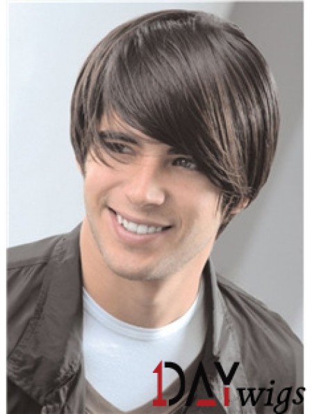 Capless Remy Real 8 inch Straight Mens Short Wigs
