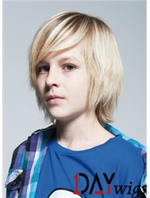 Straight Chin Length Blonde Remy Real Hair Capless Kids Wigs