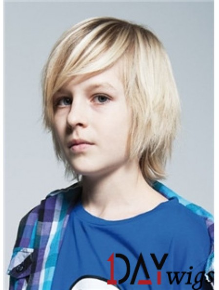Straight Chin Length Blonde Remy Real Hair Capless Kids Wigs