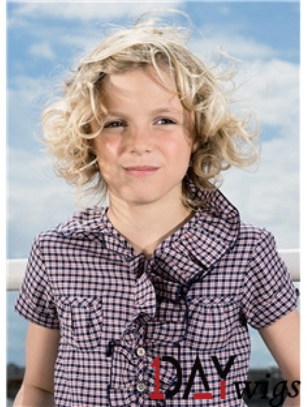 Curly Chin Length Blonde Synthetic 100% Hand-tied Kids Wigs