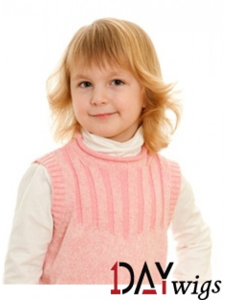Wavy Shoulder Length Blonde Remy Real Hair 100% Hand-tied Kids Wigs