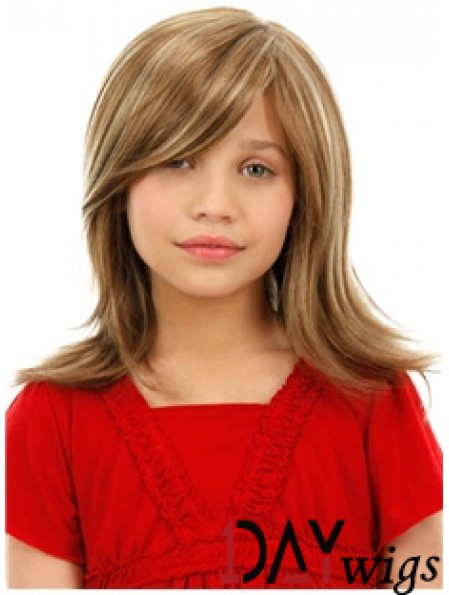 Childrens Wigs Blonde Color Shoulder Length Straight Style With Capless