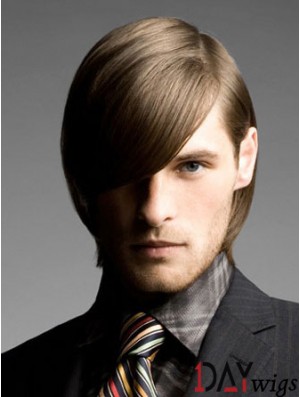 Brown Chin Length Remy Real Straight Wig For Man