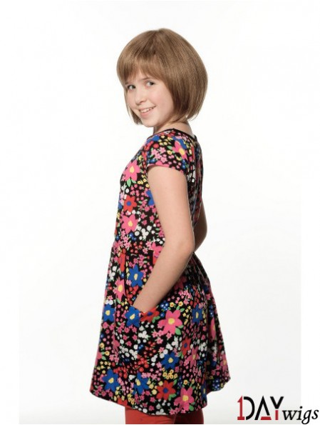 Straight Chin Length Brown Remy Real Hair 100% Hand-tied Kids Wigs