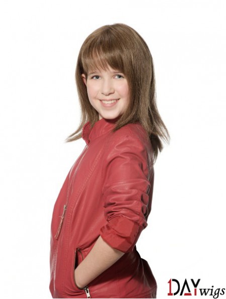Straight Long Brown Synthetic 100% Hand-tied Kids Wigs