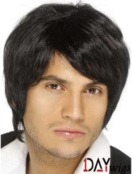 Remy Real Black Straight Short Capless Wigs Older Man