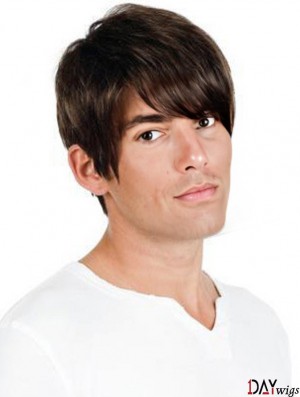 Full Lace Brown Remy Real Straight Professional Mens Wigs