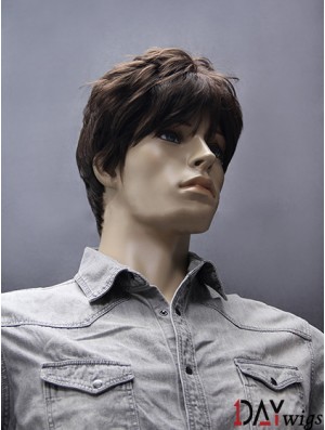 Synthetic Capless 5 inch Brown Short Straight Mens Wigs