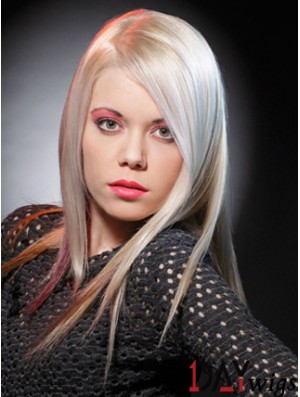 Lace Front Without Bangs Long Straight 16 inch Platinum Blonde Good Fashion Wigs