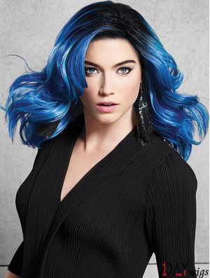 Shoulder Length Great Blue Synthetic Without Bangs Lace Front Wigs