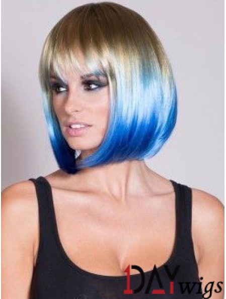 Discount Ombre/2 Tone Short Straight With Bangs 14 inch Real Lace Wigs