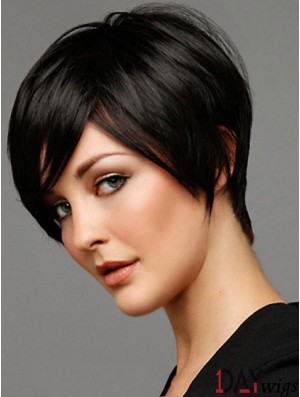 Black Straight Style Short Length Real Hair Wigs For Cancer