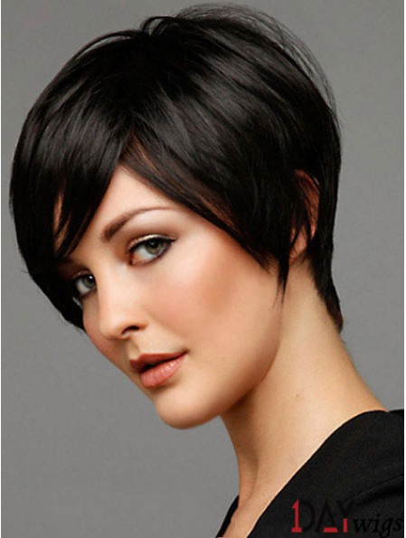 Black Straight Style Short Length Real Hair Wigs For Cancer