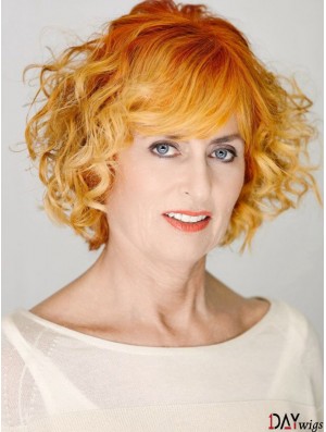 Fabulous Copper Chin Length Curly With Bangs 12 inch Real Hair Wigs