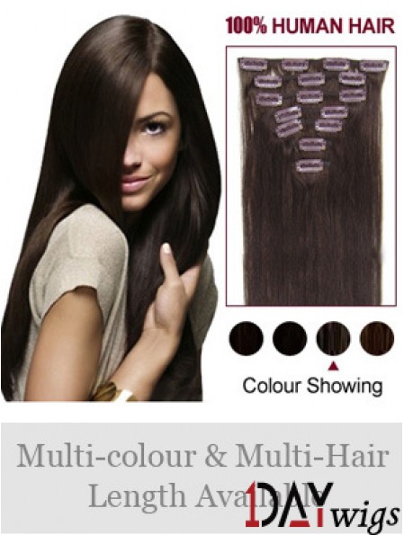 Clip In Real Hair Extensions Full Head Brown Color Straight Style