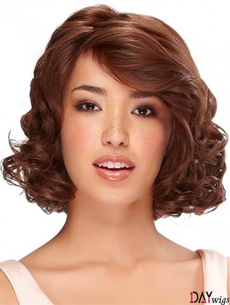 Chin Length Auburn Curly With Bangs Monofilament Wig Real