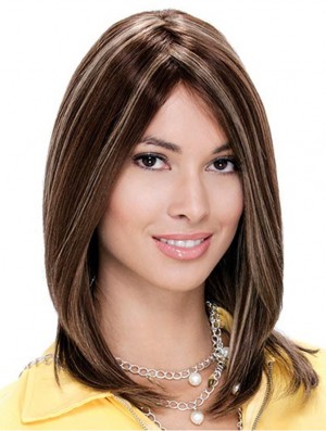 16 inch Brown Shoulder Length Layered Straight Natural Lace Wigs
