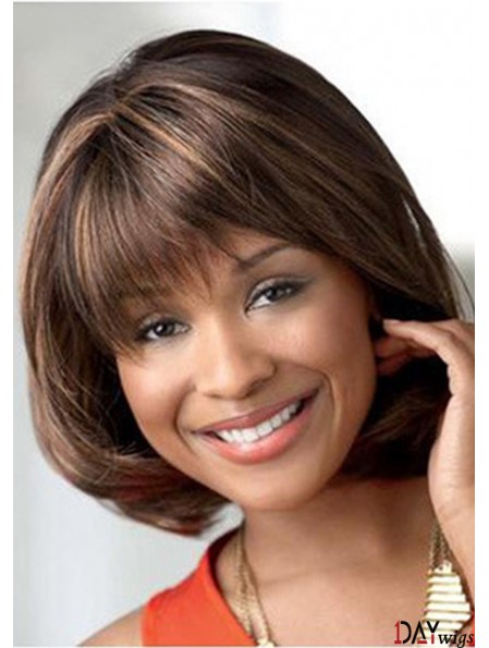 Chin Length Brown Straight Bobs Durable African American Wigs