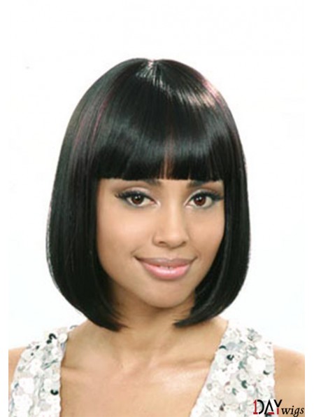 African American Short Wigs With Bangs Wavy Style Chin Length