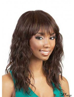 Shoulder Length Auburn Wavy With Bangs Soft African American Wigs