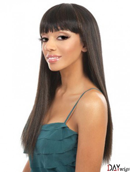 Long Brown Yaki With Bangs Durable African American Wigs