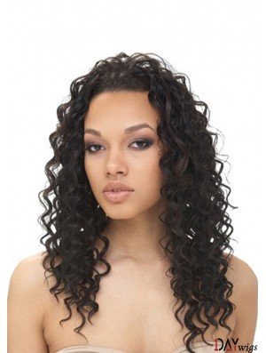 Natural Black Long Without Bangs Curly Glueless Lace Front Wigs