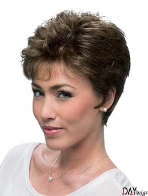 Cheap Brown Cropped Layered Curly Glueless Lace Front Wigs