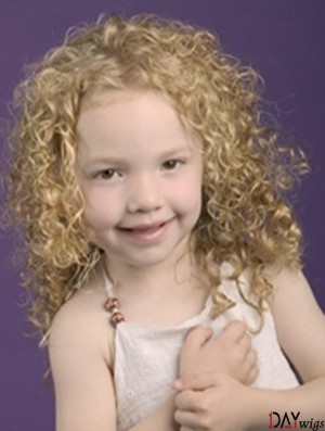 Curly Shoulder Length Blonde Synthetic 100% Hand-tied Kids Wigs